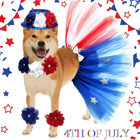 4PCS Pet Independence Day Costume, 4th of July Dog Tulle Dress Collar Flowers, Cute Tutu Skirt USA Patriotic Outfit