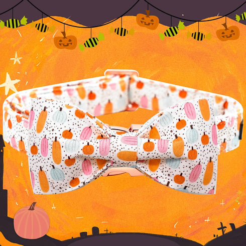 Elegant little tail Halloween Dog Collar, Fall Orange Pumpkin Holiday Bow Collar for X-Small Dogs