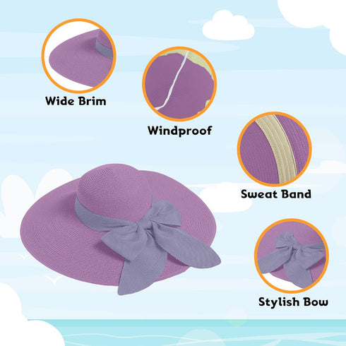 Straw Sun Hat for Women, Wide Brim UPF 50+ UV Protection Cap with Bow, Packable Beach Hat