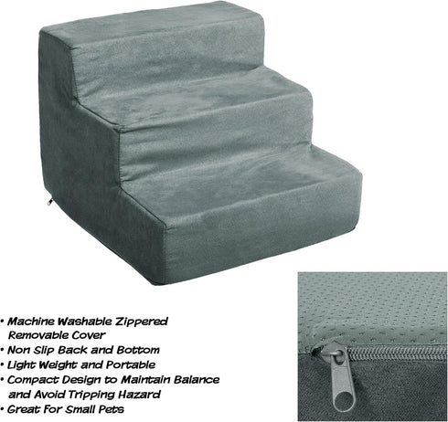 PETMAKER 3-Step Pet Stairs, Gray, High-Density Foam, Microfiber, Supports Up to 25lbs