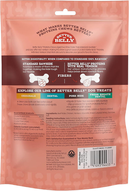 Better Belly Proteins with Real Venison, Small Rolls, 6 Count, Digestible Rawhide for Dogs, 4.2 OZ