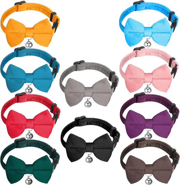 10 Pieces Cat Bowtie Collars with Bell, Adjustable Breakaway Kitten Collar for Boys Girls, Solid Colors