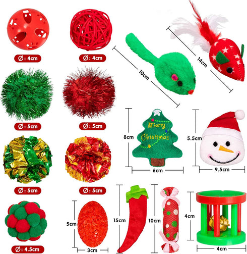 Whaline 17pcs Christmas Cat Toys - Stocking Cat Stick, 7 Cat Playing Balls, 2 Mice Plush, Snowman & Christmas Tree