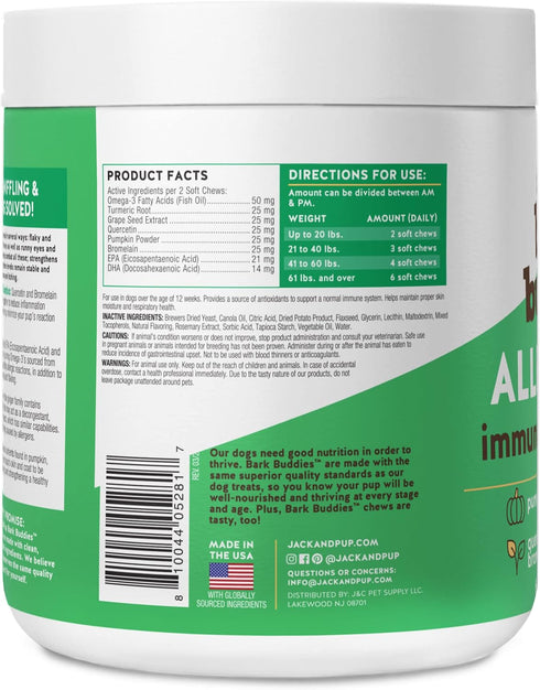 Jack&Pup Dog Allergy Chews, Bark Buddies Aller-Care Soft Chew Bites for Dogs, 60ct Itch Relief and Support