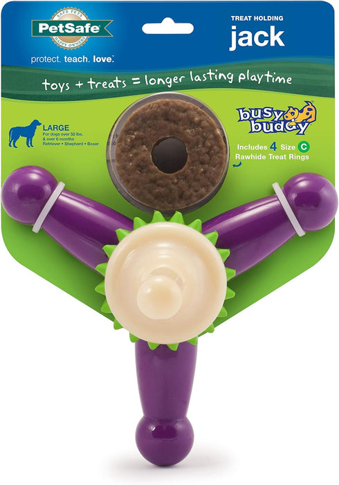 PetSafe Busy Buddy Large Dog Toy – Treat Holding Jack for Strong Chewers – Challenging with Treat Rings Included