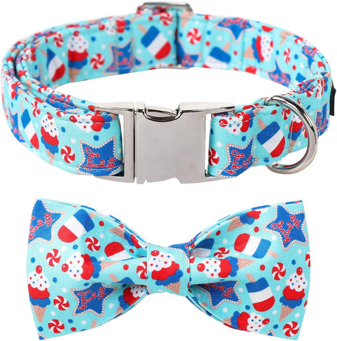 Maca Bates American Flag 4th of July Dog Collar with Bow Bowtie - Adjustable Breakaway Patriotic Accessories