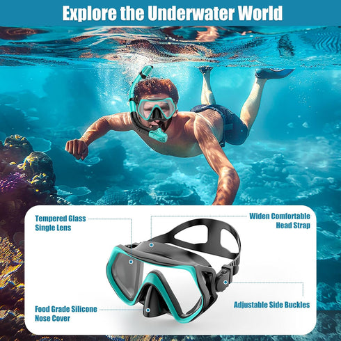 Snorkeling Gear for Adults, Dry-Top Snorkel Set with Scuba Diving Mask, Anti-Leak Anti-Fog Tempered Glass Lens