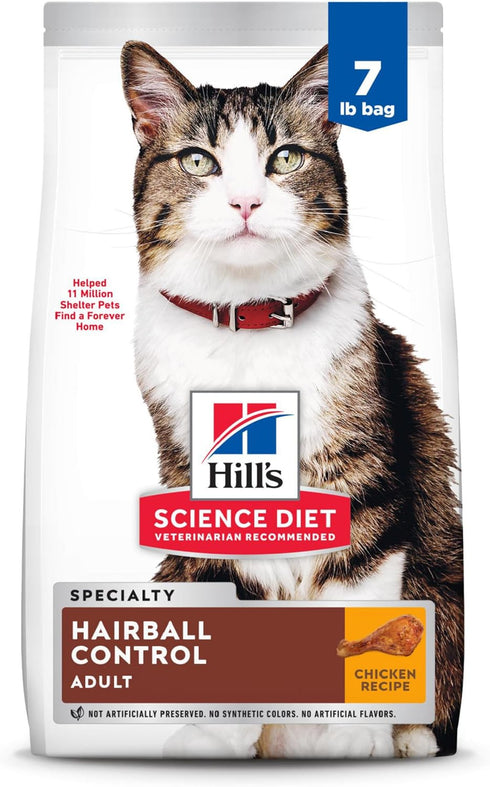 Hill's Science Diet Hairball Control, Adult 1-6, Dry Cat Food, Chicken Recipe, 7 lb Bag