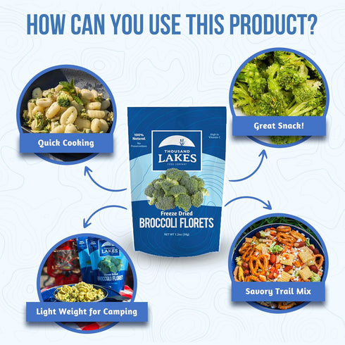 Thousand Lakes Freeze Dried Vegetables - Broccoli Florets 2-Pack, 1.2 Ounces Each, 100% Florets, No Salt Added