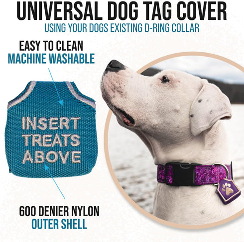 Dog Tag Silencer, Brown Insert Treats Above - Quiet Noisy Pet Tags, Fits Up to Four Pet IDs, Durable Nylon Cover