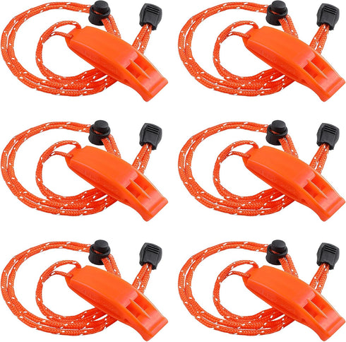 JULBEAR 6PCS Safety Survival Whistles with Adjustable Reflective Lanyard, Emergency Plastic Whistle for Marine Use