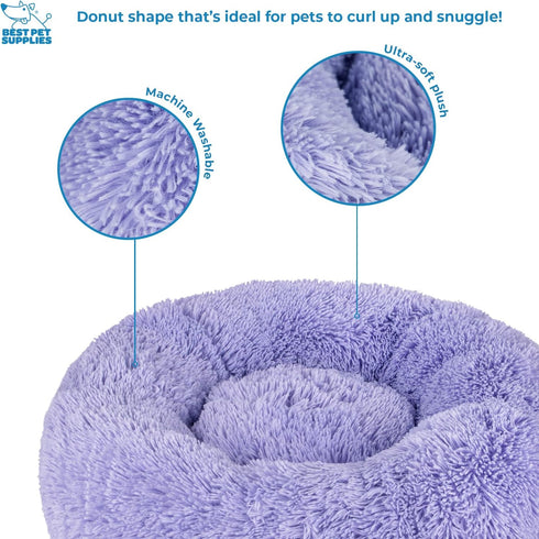 Best Pet Supplies Round Donut Dog Bed with Plush Faux Fur Fabric, Calming Cushion for Indoor Pets, Lavender, 20x20x6''