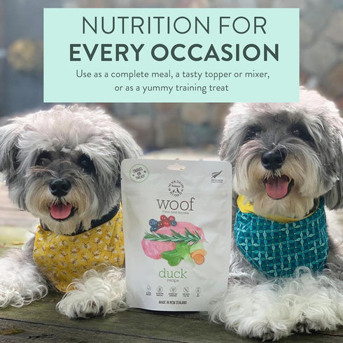 Woof Freeze Dried Dog Food, Duck Recipe, High Protein Complete Diet for All Life Stages - 1.76 oz