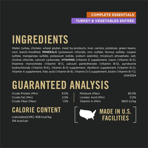 (Pack 12) 13 oz. Purina Pro Plan Complete Essentials Turkey and Vegetables Entree In Wet Dog Food Gravy - of Cans