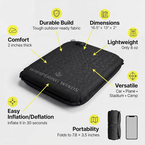 Whispering Winds Inflatable Seat Cushion - Comfortable Blow-up Foam Pad for Airplane, Travel, Stadium, Outdoors