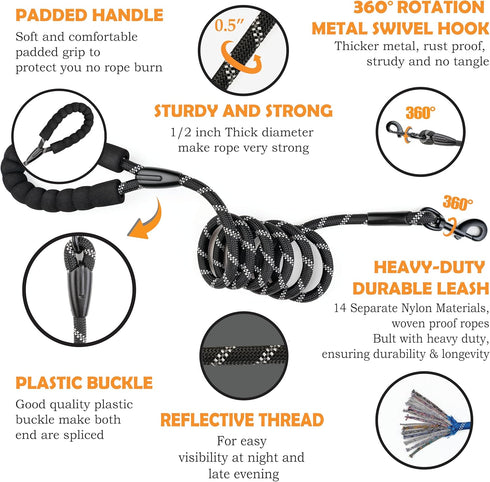 Rope Dog Leash 6 ft, Heavy Duty Reflective Tangle-Free with Padded Handle, Ideal for Walking, Running & Training (Black)