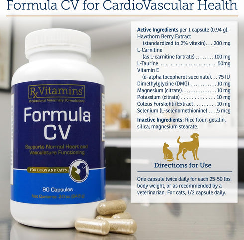 Rx Vitamins Formula CV, Hawthorn Berry Capsules with Taurine for Dogs & Cats - Heart Health Supplements - 90ct