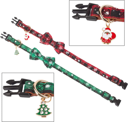 ADOGGYGO Christmas Dog Collar with Bow Tie - Adjustable Red Green Plaid Bowtie Collar for Small Medium Large Dogs