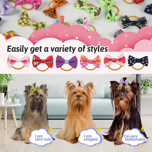 Chenkou Craft 50pcs/25pairs Puppy Yorkie Dog Hair Bows, Rubber Band Pet Grooming Products, Mix Colors & Patterns