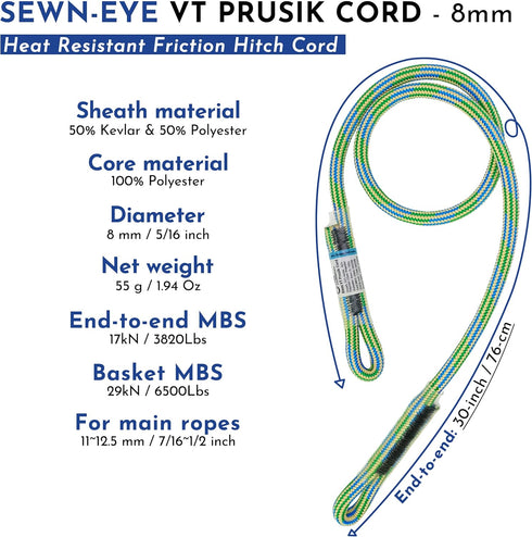 GM CLIMBING 8mm (5/16in) VT Prusik Swen Eye-to-Eye Pre-Sewn Friction Hitch Cord, 30inch Pack of 3