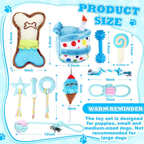 11 Pcs Dog Birthday Toy Set Puppy Birthday Cake Dog Squeaky Dog Birthday Gift with Box Plush Toy Dog Rope Toys Dog Squeaky Toys for Puppy Small Medium Size Dogs Gift(Blue)