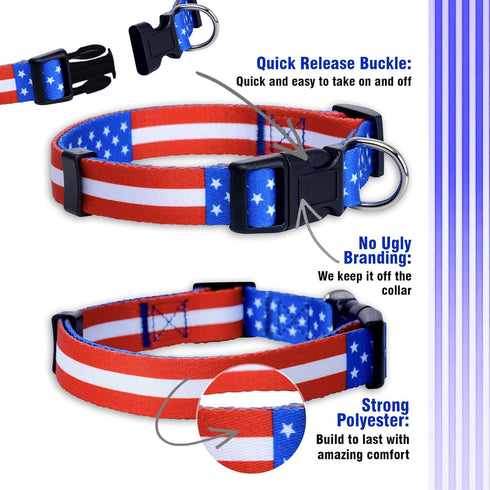 Native Pup American Flag Dog Collar, Red White and Blue, Adjustable for Small, Medium, Large Breed Dogs (Large, Flag I)
