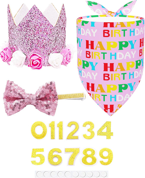 PET SHOW Pink Floral Hat, Bandana & Collar Bows Set - Adjustable Birthday Gift for Dog, Cat, Rabbit