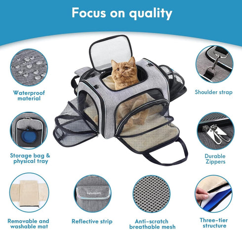 4 Sides Expandable Cat Travel Bag, Airline Approved Collapsible Soft-Sided Carrier for Kittens & Small Animals