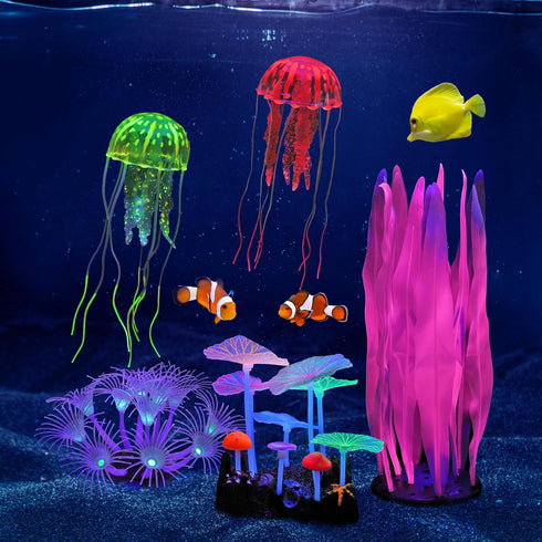 Lpraer 5 Pack Glow Aquarium Decorations, Kelp Coral Mushroom Jellyfish Simulation Plants for Fish Tank