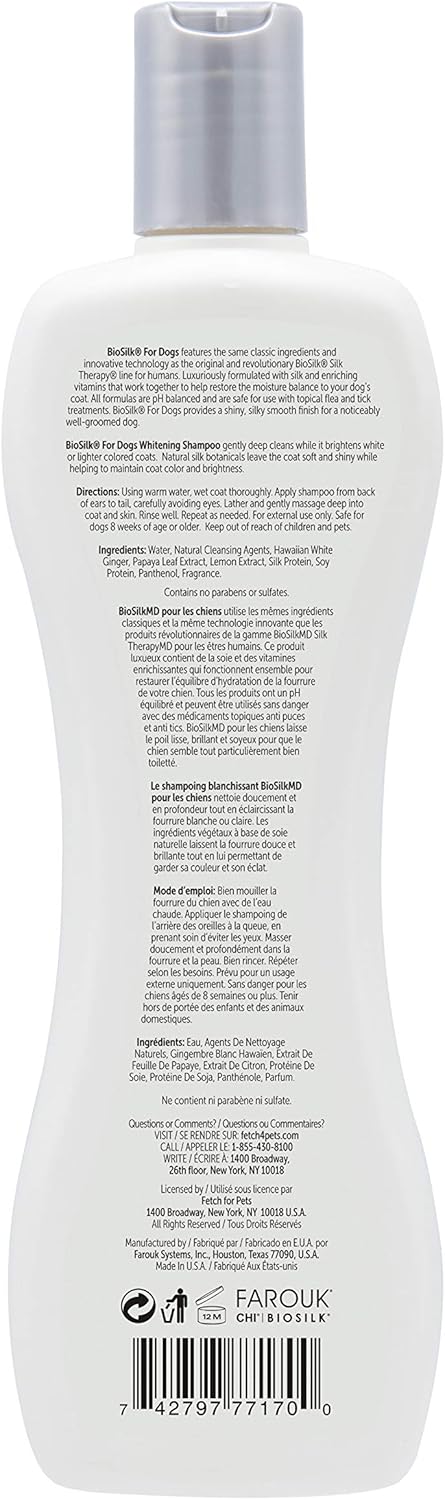 BioSilk Silk Therapy Whitening Dog Shampoo, 12 Fl Oz - Pet Safe Grooming for a Bright White Coat