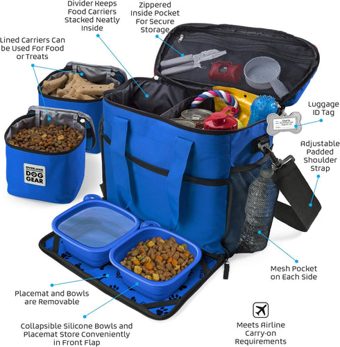 Mobile Dog Gear Week Away Dog Travel Bag (15"x7"x14", Blue) - Airline Approved with 2 Pet Food Storage Containers + 2