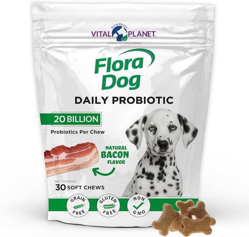 Vital Planet Flora Dog Probiotics, 30 Natural Bacon Flavored Chews with 20 Billion Cultures, Immune Support