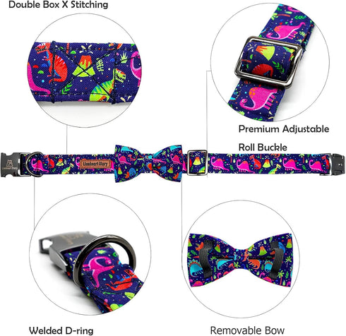 Lionheart glory Dog Collar, Blue Dog Bow Collar Boy Dog Collars with Bow Adjustable Dinosaur Bowtie Collar for Small Dogs Pet Gift