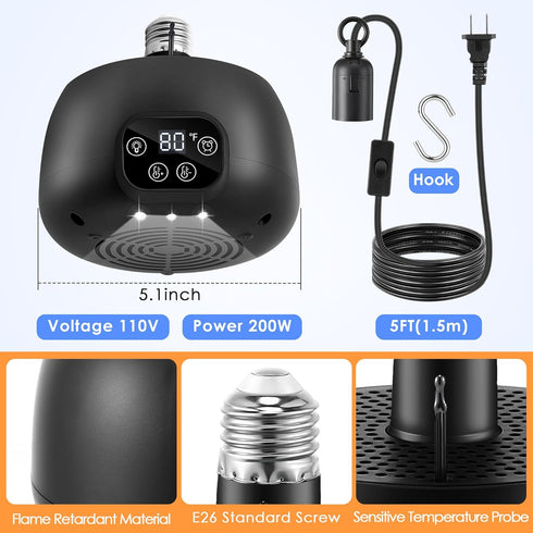 2 Pack 200W 5Ft Chicken Coop Heater with Lighting and Temperature Control Chicken Heating Lamp with Digital Display