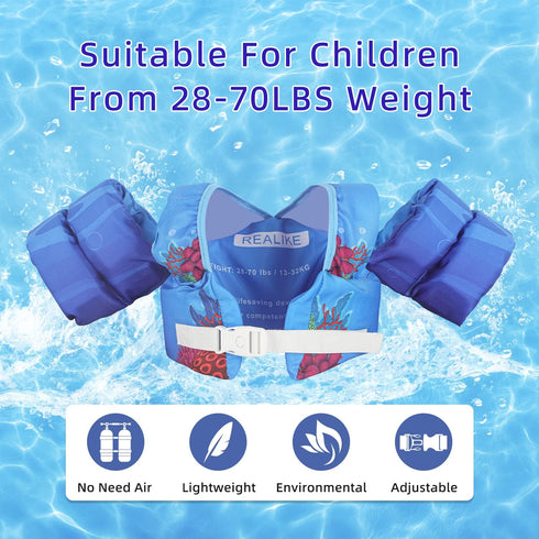 REALIKE Kids Swim Vest Floaties with Shoulder Harness and Arm Wings for Children/Infant/Baby, 28-70lbs