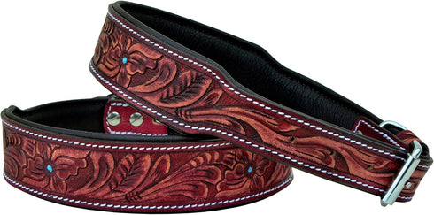 Leather Dog Collar Western Style Heavy Duty Hand Tooled Adjustable Padded for Puppies and Big Dogs
