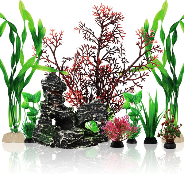 Fish Tank Decorations Plants with Resin Cave Rock View, 9pcs Plastic Aquarium Accessories, Fish Cave and Hideout