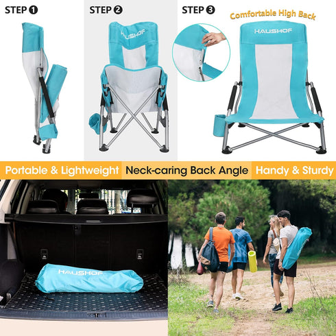 HAUSHOF High Back Beach Chair, Mesh Back Folding Chair, Lightweight Low Seat Camping Chairs with Cup Holder, Carry Bag