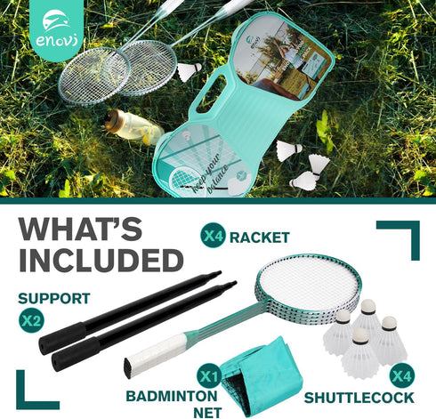 Set, 4 4 EasyGo Badminton with Net, Racket, Birdies, Portable Storage Box, for Backyards, Outdoor Games, Yard Games