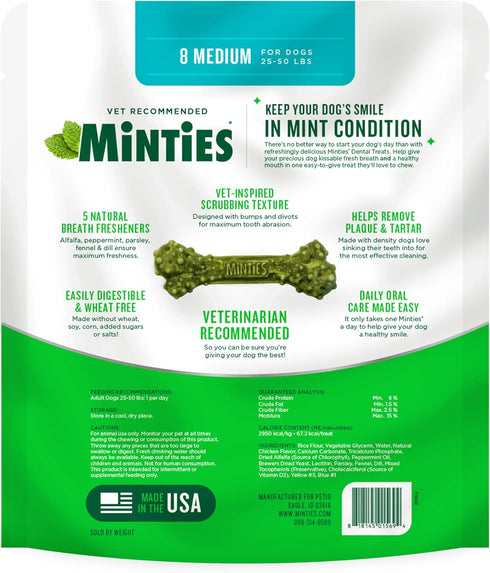 Minties Dental Chews for Dogs, 8 Count, Vet-Recommended Mint-Flavored Treats for Medium Dogs