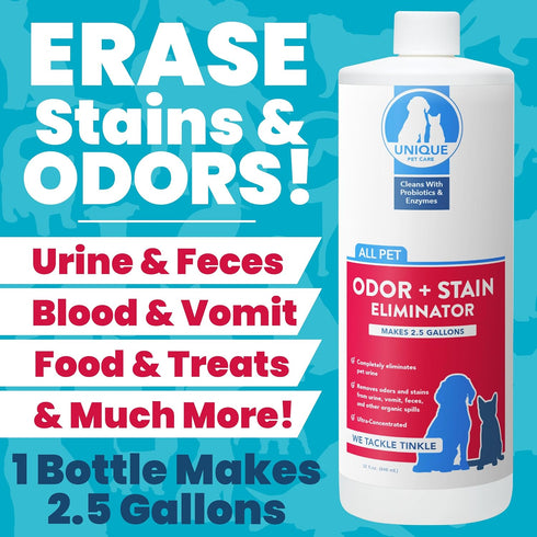 Unique Pet Odor and Stain Eliminator - 32 oz. Liquid Concentrate - Makes Over 2.5 Gallons Cleaner - Bio-enzymatic Formula Eliminates Old and New Pet Odors and Pet Stains (Packaging May Vary)