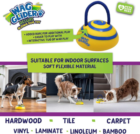 Wag Glider Deluxe Dog Toy - Sliding Gliding Toy with Built-in Squeaker & Rope for Medium & Large Dogs - Safe for Indoor