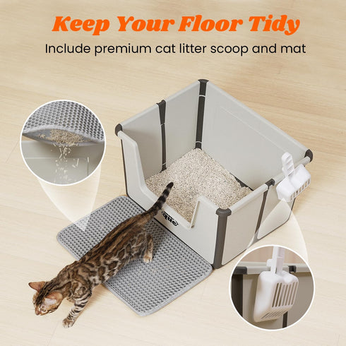 Pawque High Sides Large Cat Litter Box, Low Entry Open Top Foldable Portable Travel Cat Potty Pan with Litter Mat