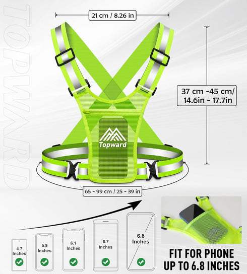 Running Vest Chest Phone Holder, Reflective Safety Gear for Dog Walking, Cycling - Adjustable Waist/Shoulder