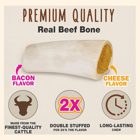 Cadet Double Stuffed Shin Bone, Highly Digestible, High Protein Dog Chew Bone, Bacon & Cheese Flavor, Large