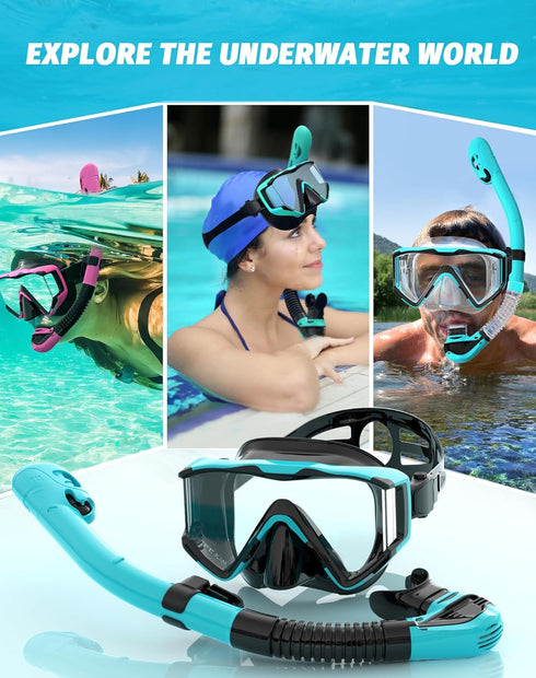 Greatever Snorkel Set Adult, Pano 3 Window Snorkel Mask, Anti-Fog Scuba Diving Mask, Dry Top Snorkel Goggles