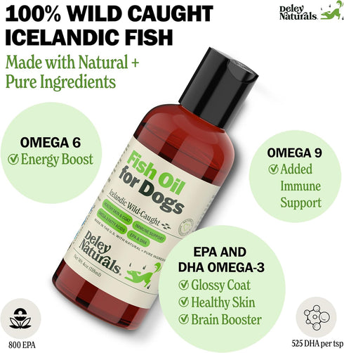 Deley Naturals Dog Fish Oil Icelandic 2X Omega for Itching Skin Relief, 4oz Omega Oil for Dogs