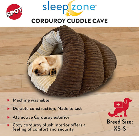 SPOT Sleep Zone Cuddle Cave - Durable, Comfortable Cat Cave Bed for Indoor Cats & Mini Dogs, Washable, Corduroy Brown,