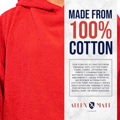 100% ALLEN & MATE Cotton Hooded Surf Poncho Changing Robe - Oversized Absorbent Pool & Beach Towel Swim Robe for Men