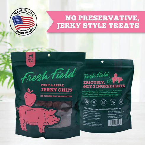 5 oz (Pack 2) Fresh Field Pork & Apple Jerky Chips, All-Natural Dog Treats, USA Made, No Fillers, Supports Digestion